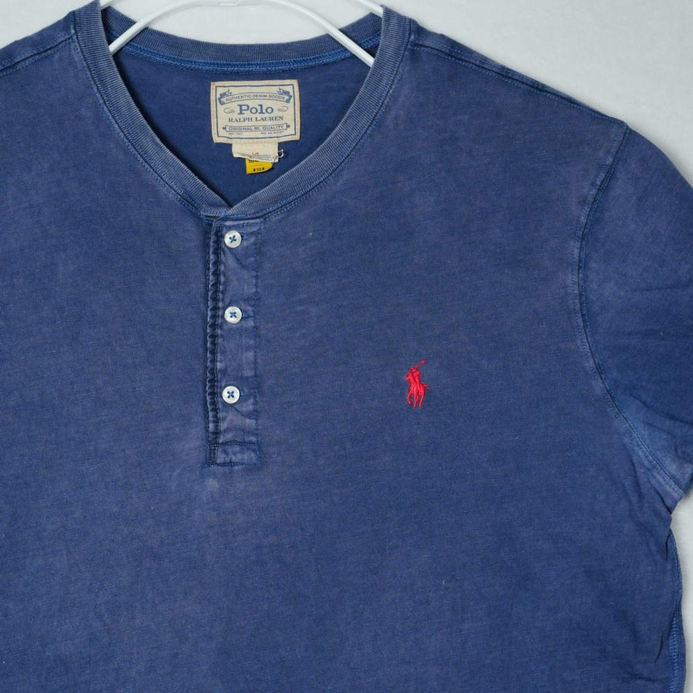 Polo Ralph Lauren Mens Blue Henley Shirt Short Sleeve Slub Cotton Large Red Pony